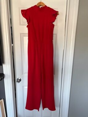 Red Sleeveless Ruffle-Shoulder Jumpsuit